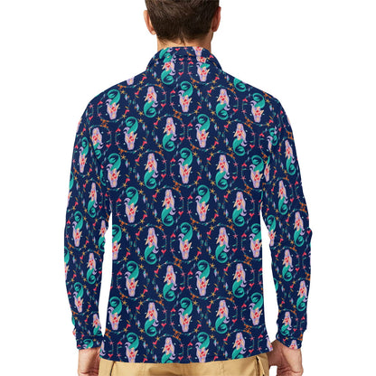 Mermaid Girl Cute Design Print Long Sleeve Polo Shirt For Men's