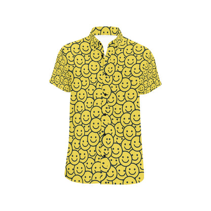 Smiley Face Emoji Print Design LKS302 Men Short Sleeve Button Up Shirt