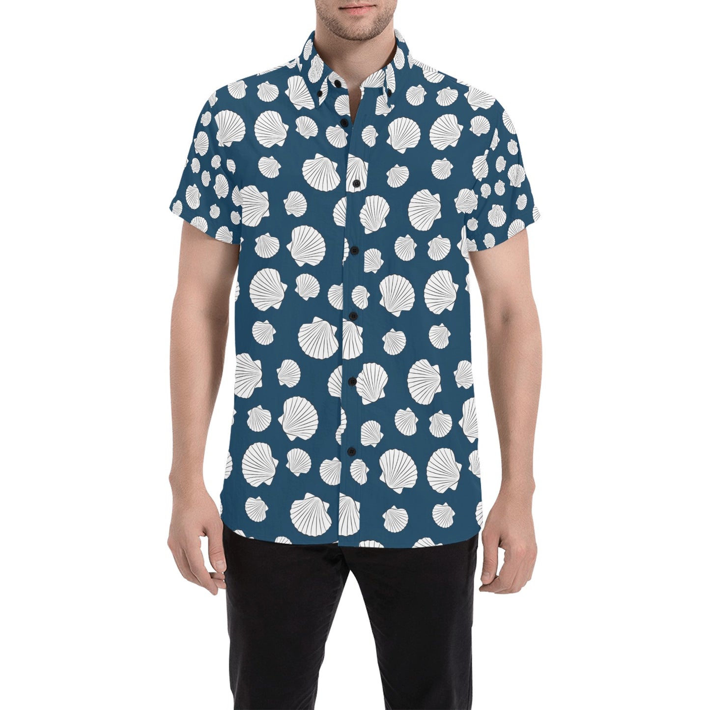 Seashell Print Design LKS3012 Men Short Sleeve Button Up Shirt