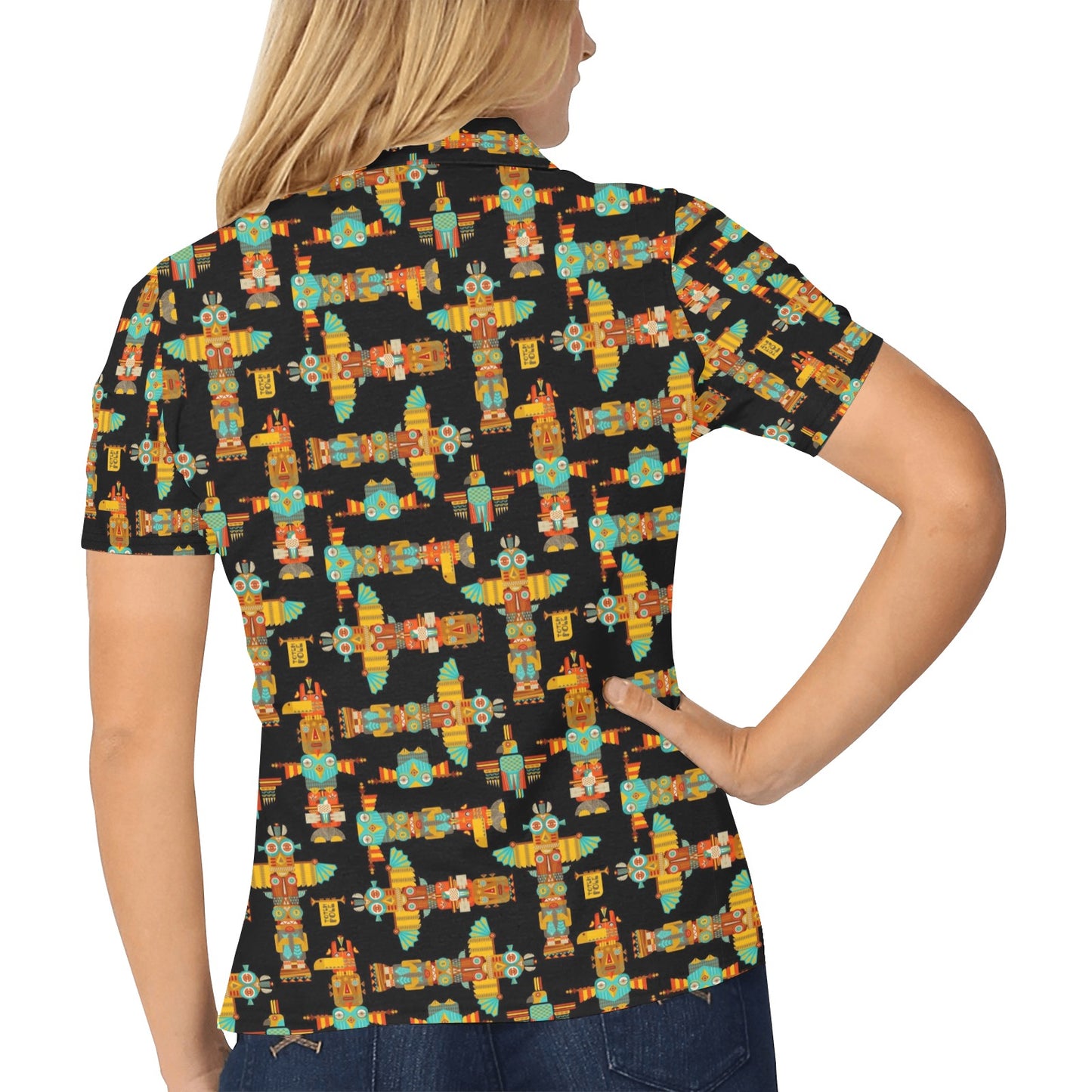 Totem Pole Cartoon Print Women's Polo Shirt