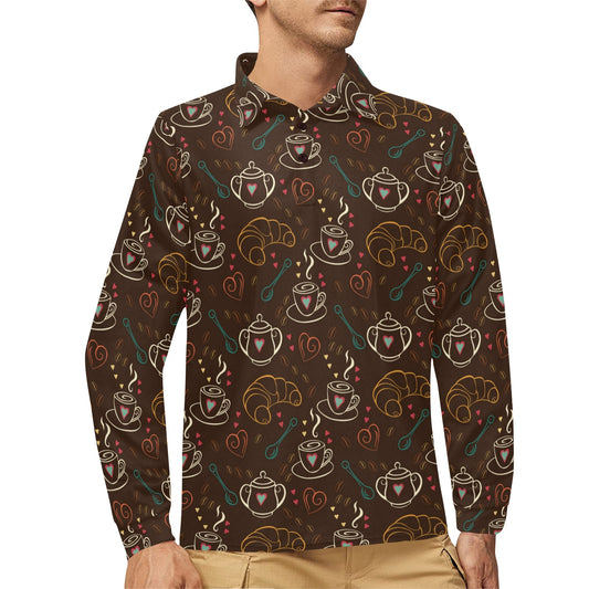 Coffee Pattern Print Design 06 Long Sleeve Polo Shirt For Men's