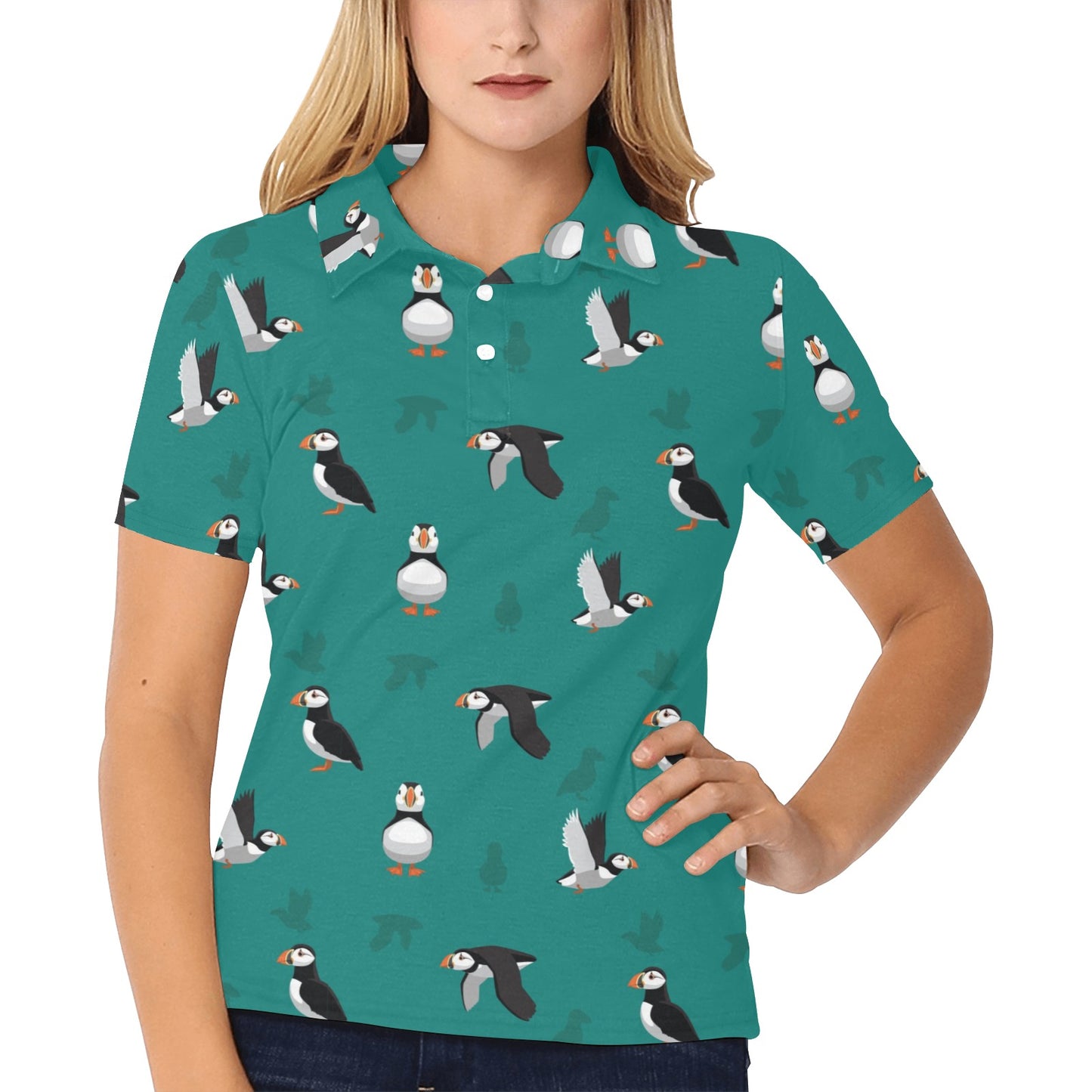 Puffin Pattern Print Design A02 Women's Polo Shirt