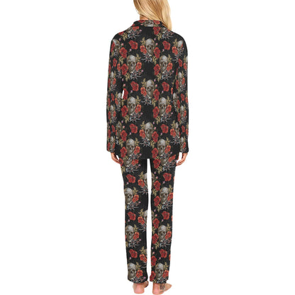 Spider Web Skull Rose Print Design LKS305 Women's Long Pajama Set