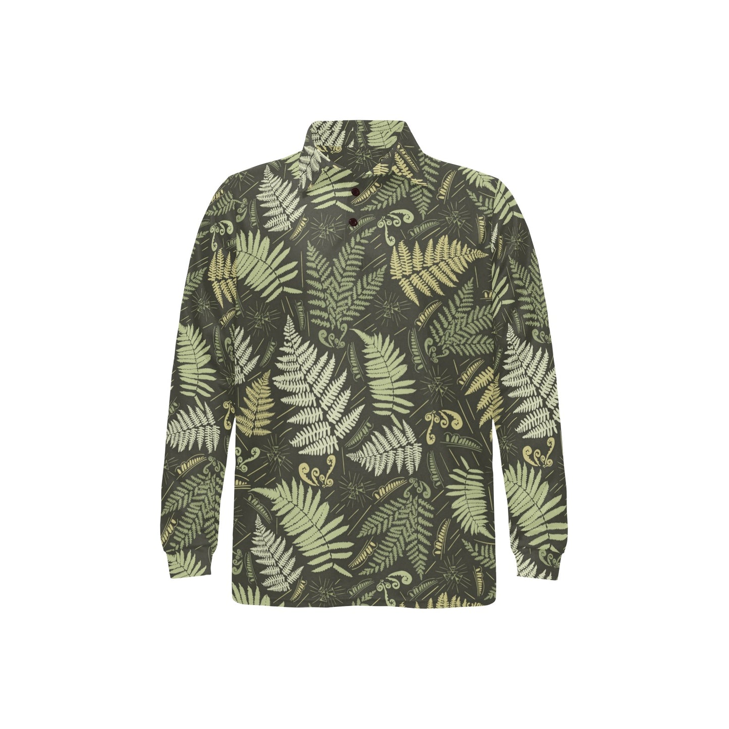 Fern Leave Green Print Pattern Long Sleeve Polo Shirt For Men's