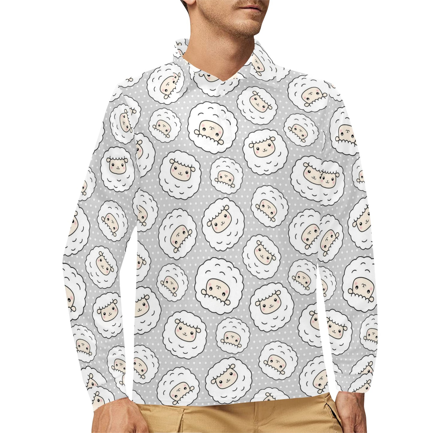 Sheep Print Design LKS401 Long Sleeve Polo Shirt For Men's