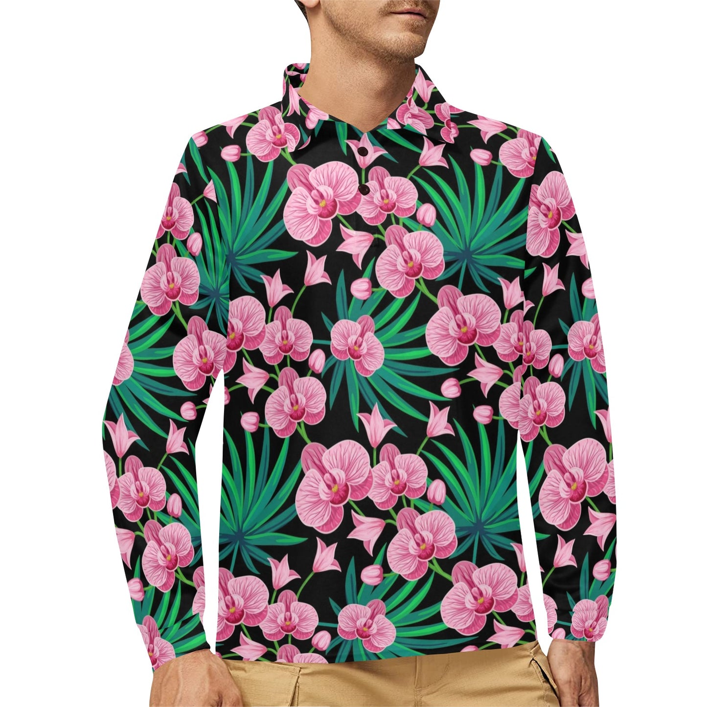 Orchid Pink Pattern Print Design OR06 Long Sleeve Polo Shirt For Men's