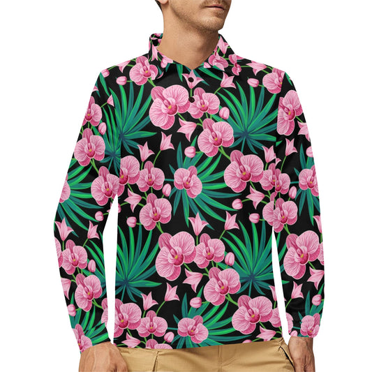 Orchid Pink Pattern Print Design OR06 Long Sleeve Polo Shirt For Men's