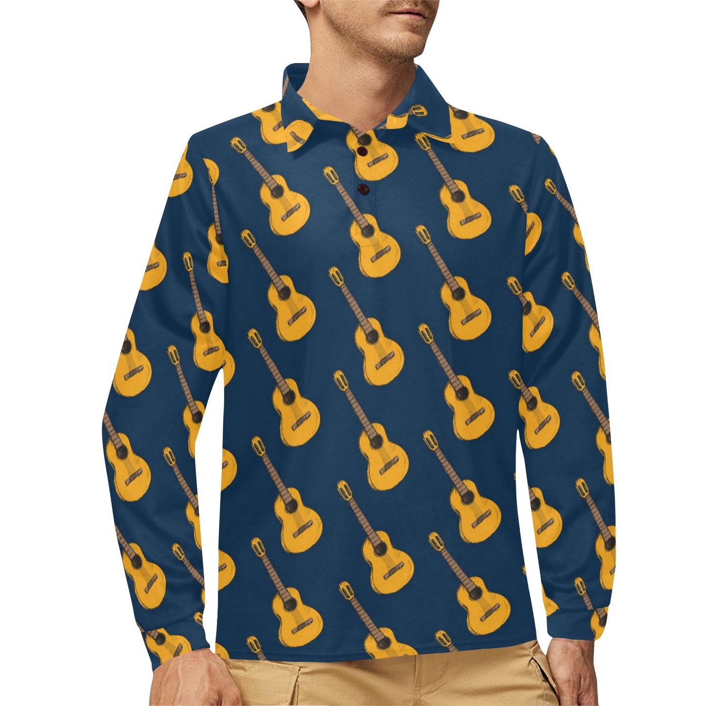 Acoustic Guitar Pattern Print Design 04 Long Sleeve Polo Shirt For Men's