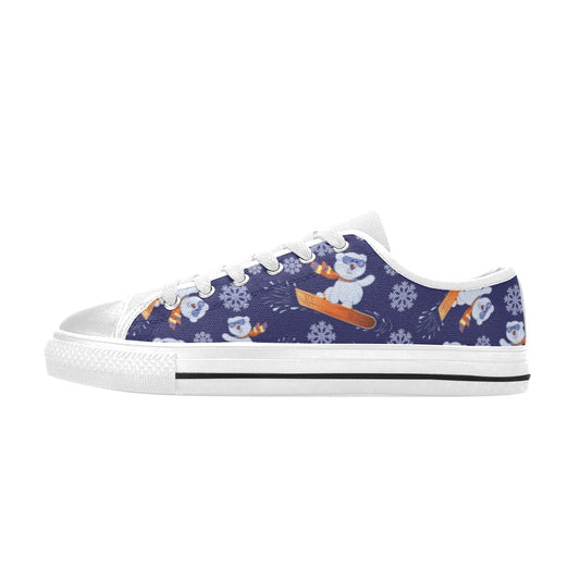 Snowboard Bear Print Design LKS305 Women's White Low Top Shoes