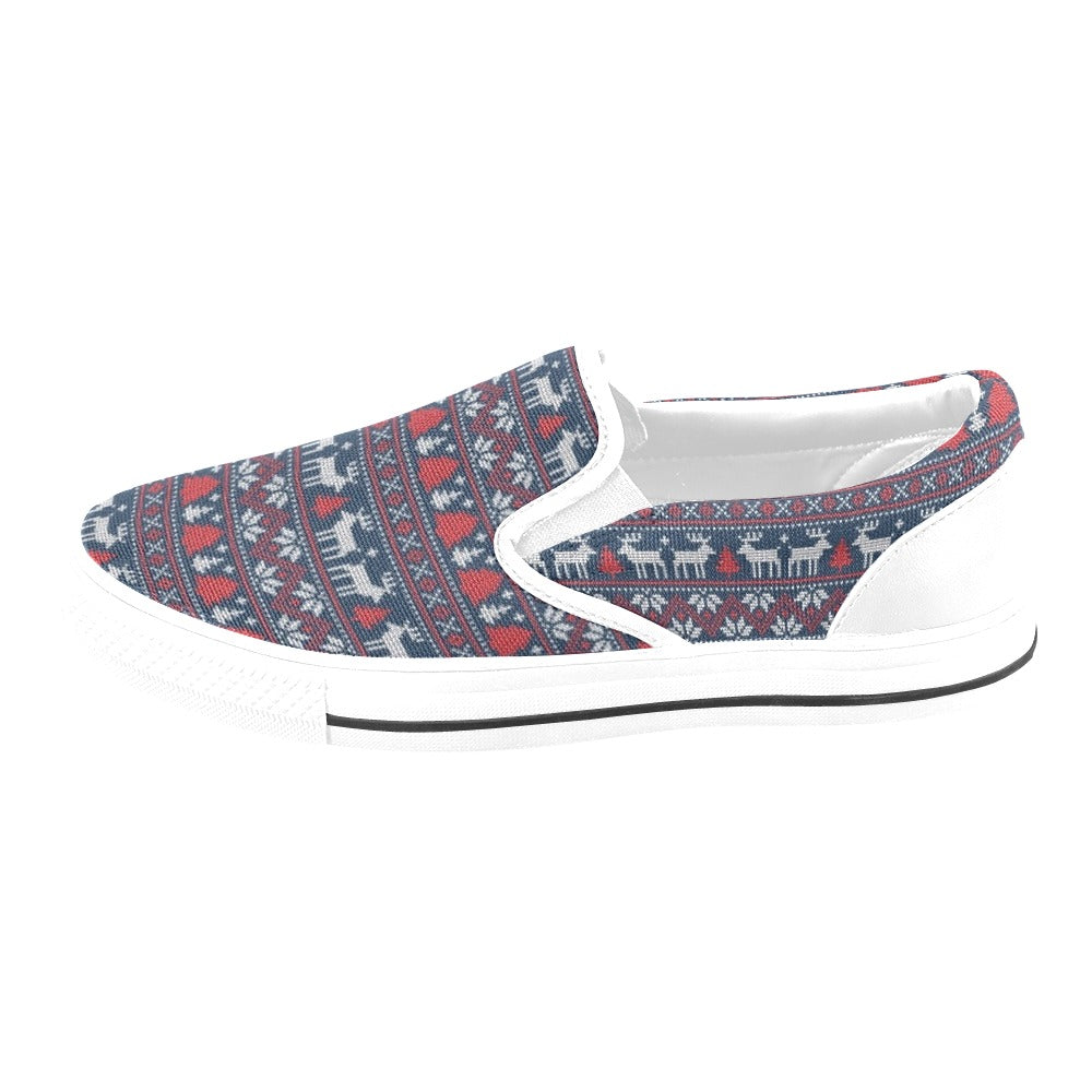 Reindeer Print Design LKS405 White Slip Ons Canvas Women's Shoes