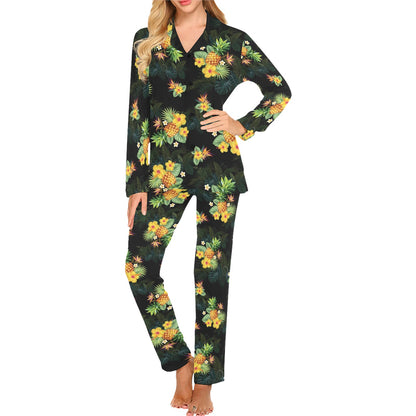 Pineapple Tropical Flower Print Pattern Women's Long Pajama Set