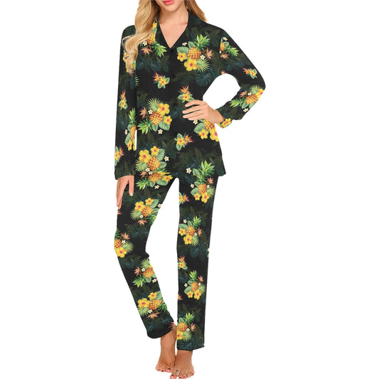 Pineapple Tropical Flower Print Pattern Women's Long Pajama Set