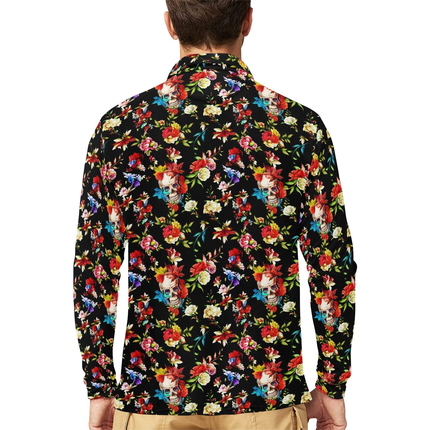 Skull Roses Flower Design Themed Print Long Sleeve Polo Shirt For Men's
