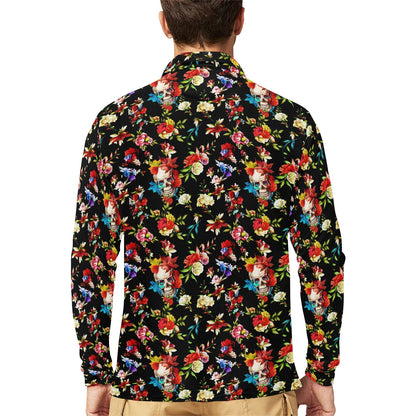 Skull Roses Flower Design Themed Print Long Sleeve Polo Shirt For Men's