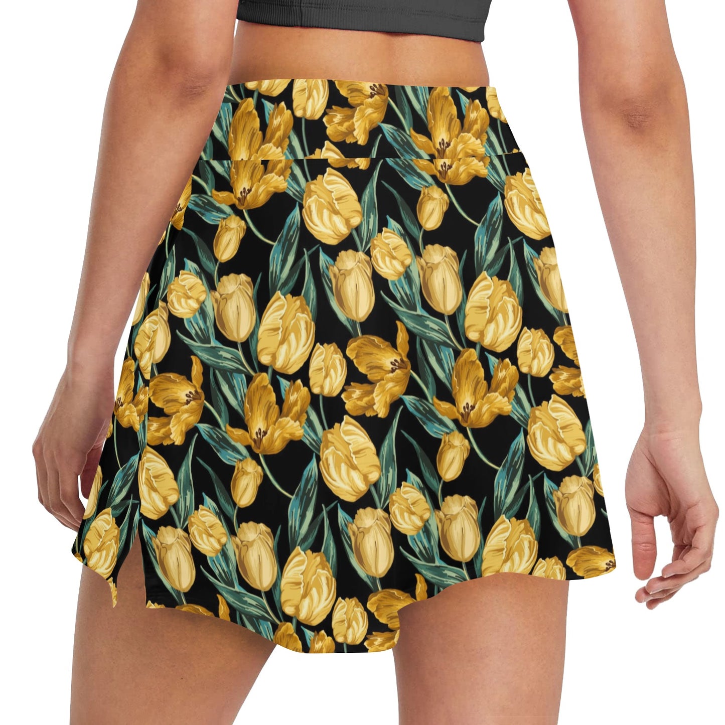 Elegant Yellow Tulip Print 17" Golf & Pickleball Skort with Pockets