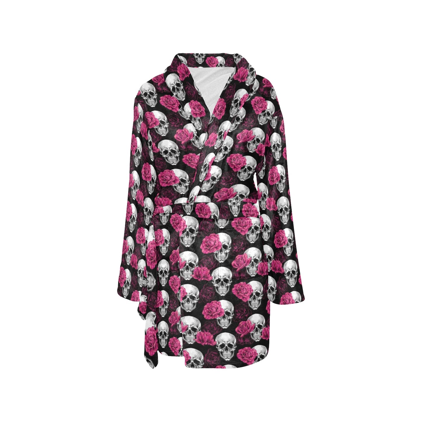 Pink Rose Skull Themed Print Women's Fleece Robe