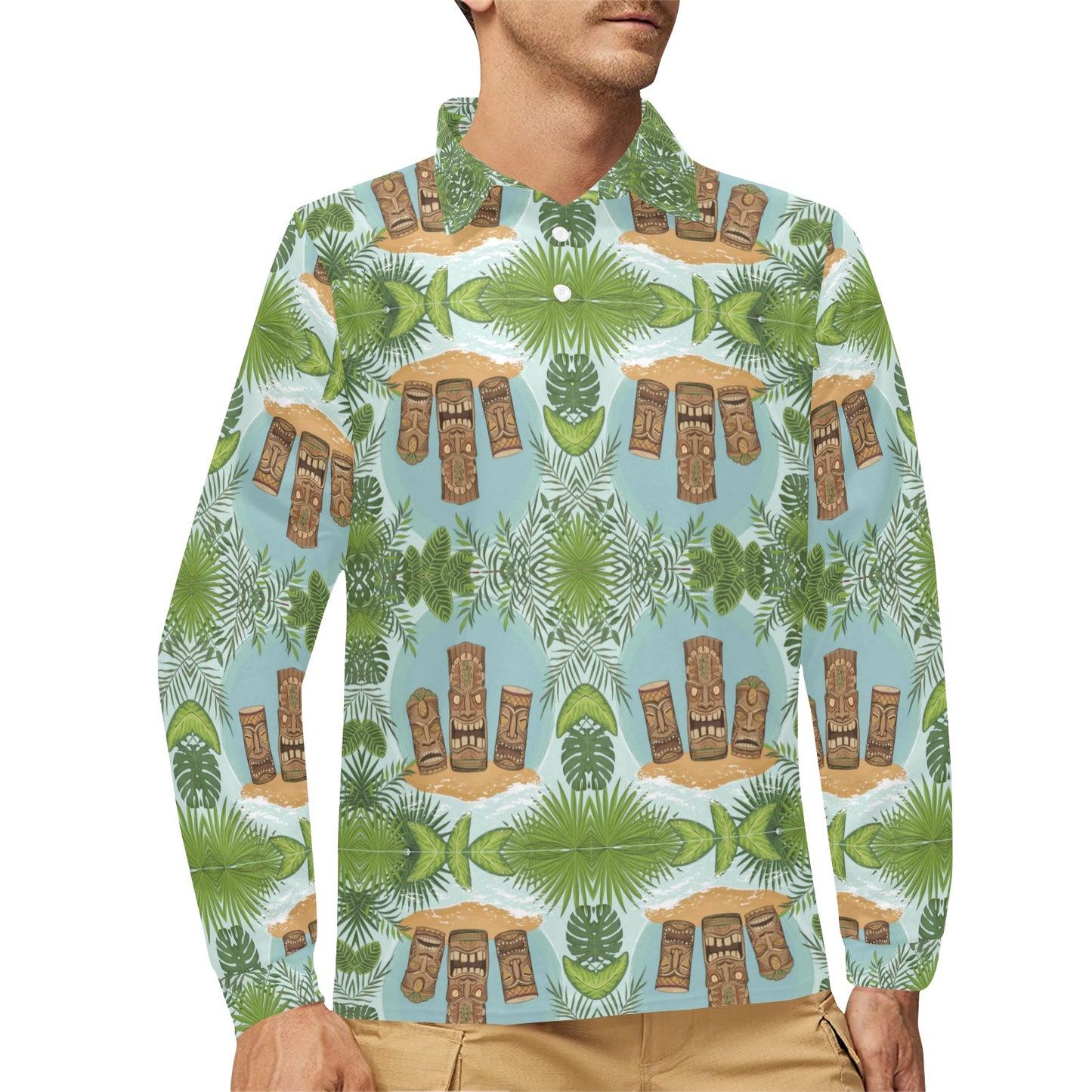 Tiki Wood Island Long Sleeve Polo Shirt For Men's