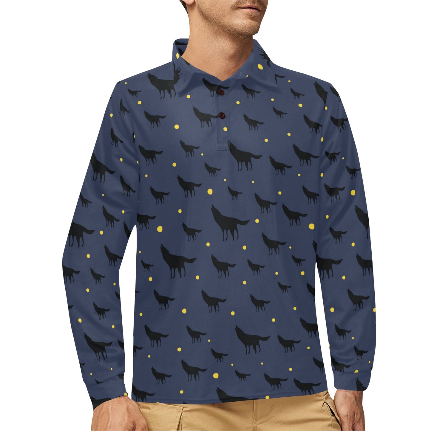 Wolf Print Design LKS301 Long Sleeve Polo Shirt For Men's