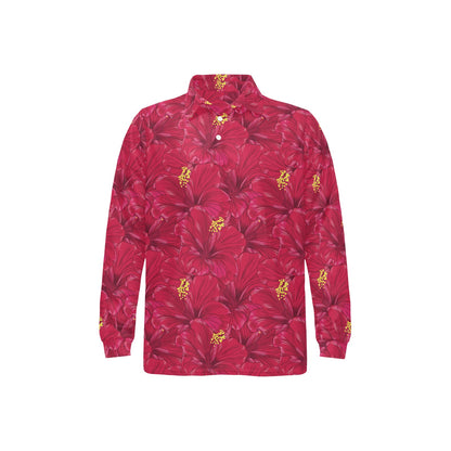 Hibiscus Red Pattern Print LKS308 Long Sleeve Polo Shirt For Men's