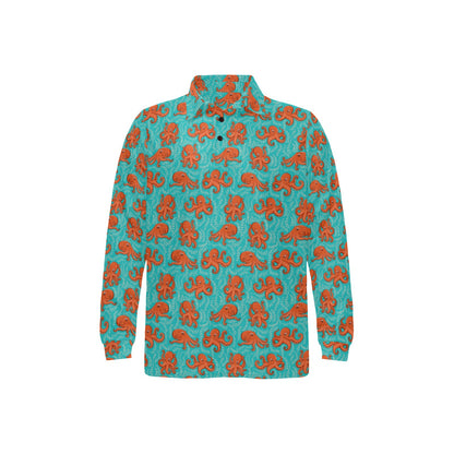 Octopus Cartoon Design Print Themed Long Sleeve Polo Shirt For Men's