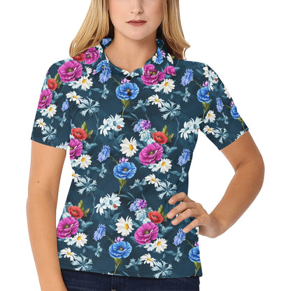 Floral Blue Themed Print Women's Polo Shirt