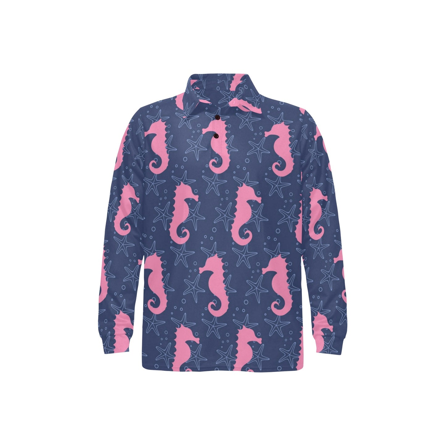 SeaHorse Pink Pattern Print Design 02 Long Sleeve Polo Shirt For Men's