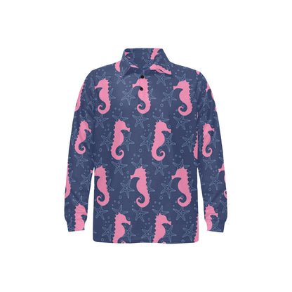 SeaHorse Pink Pattern Print Design 02 Long Sleeve Polo Shirt For Men's