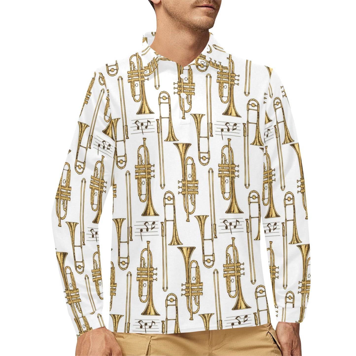 Trombone Pattern Print Design 04 Long Sleeve Polo Shirt For Men's