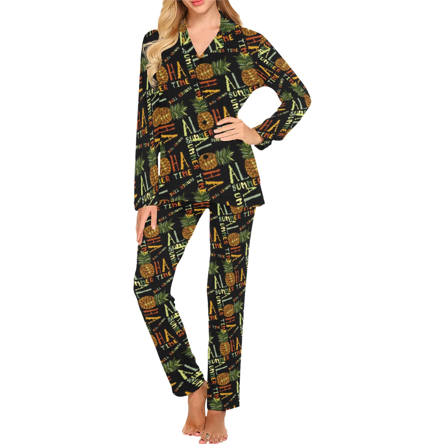 Aloha Hawaii Time Design Themed Print Women's Long Pajama Set