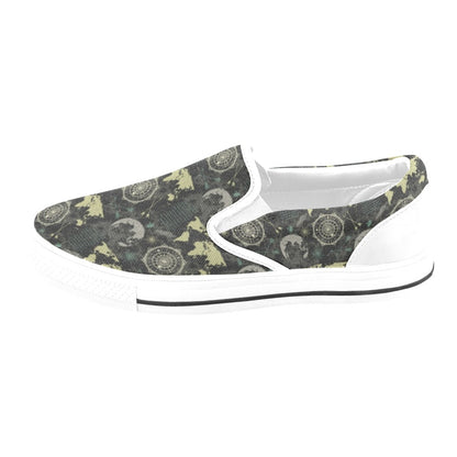World Map Print Design LKS303 White Slip Ons Canvas Women's Shoes