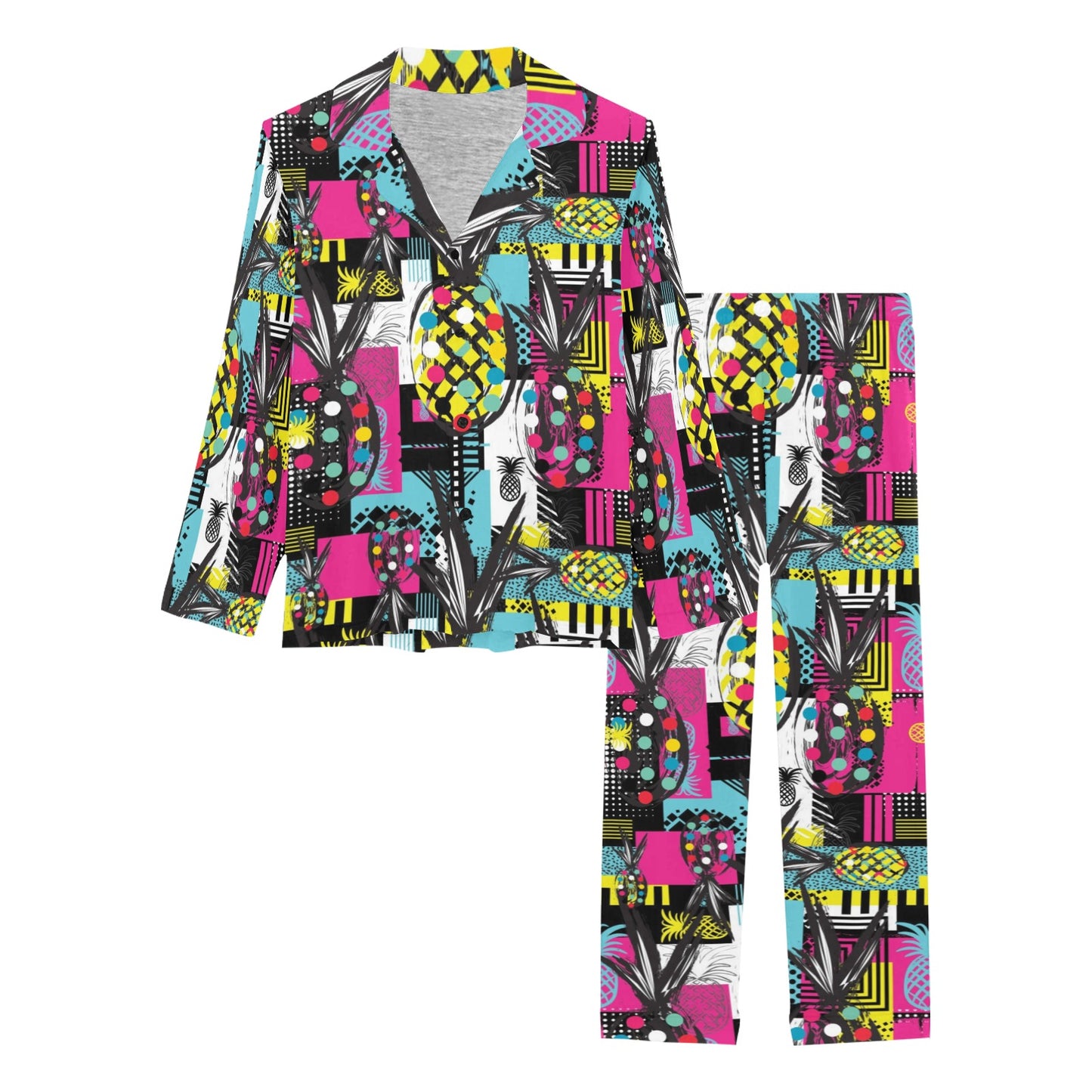 Pop Art Pineapple Pattern Print Design A02 Women's Long Pajama Set