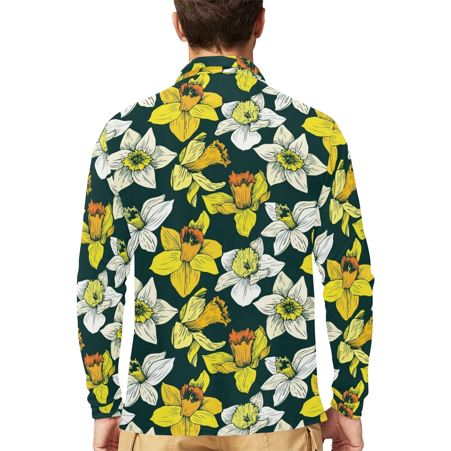 Daffodils Pattern Print Design DF02 Long Sleeve Polo Shirt For Men's