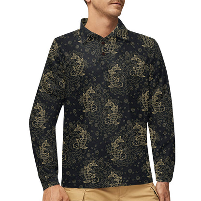 KOI Fish Pattern Print Design 02 Long Sleeve Polo Shirt For Men's