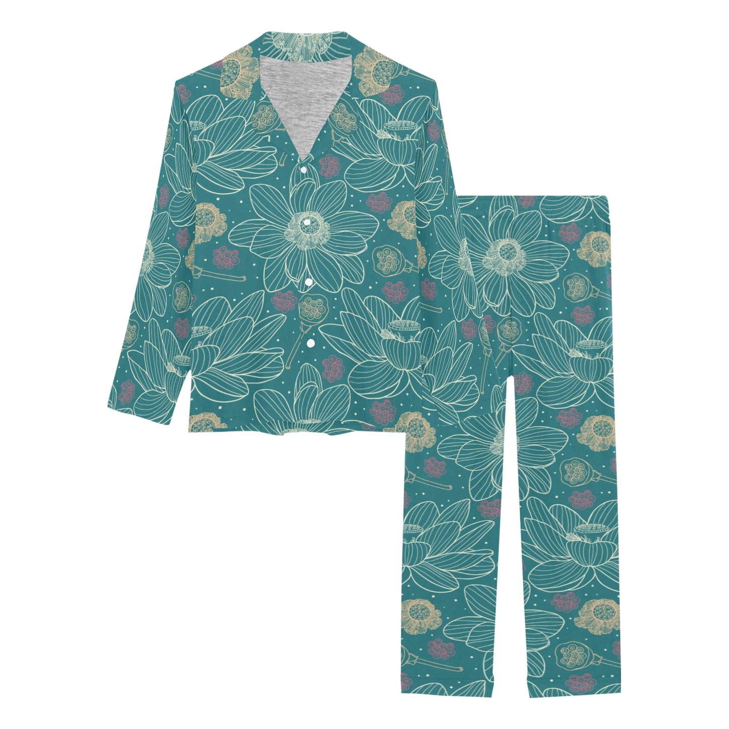Lotus Pattern Print Design 01 Women's Long Pajama Set