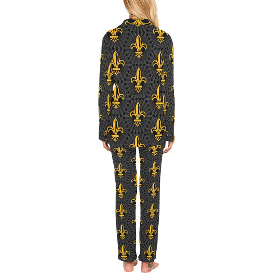 Fleur De Lis Gold Pattern Print Design 01 Women's Long Pajama Set