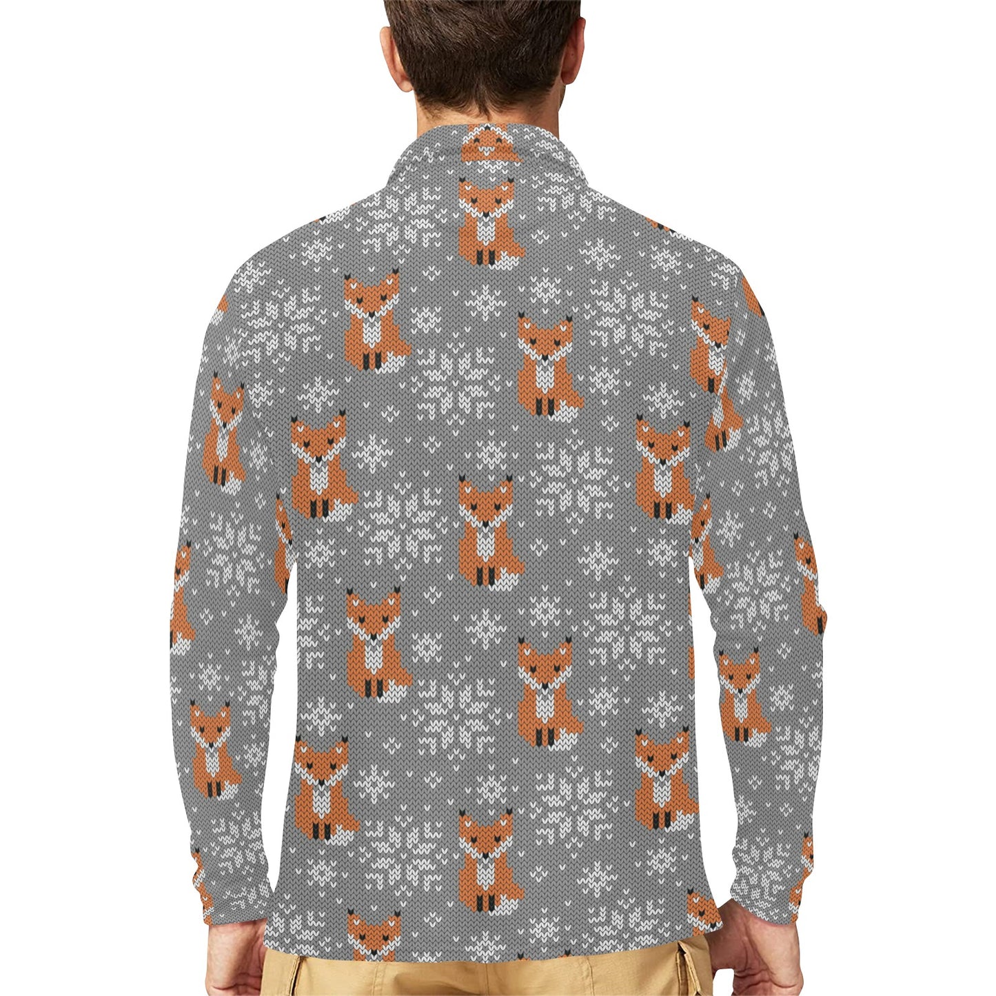 Knit Red Fox Pattern Print Design 02 Long Sleeve Polo Shirt For Men's