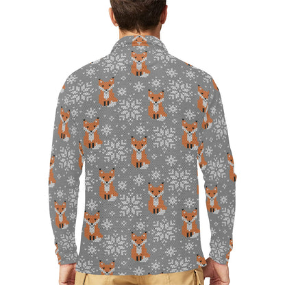 Knit Red Fox Pattern Print Design 02 Long Sleeve Polo Shirt For Men's