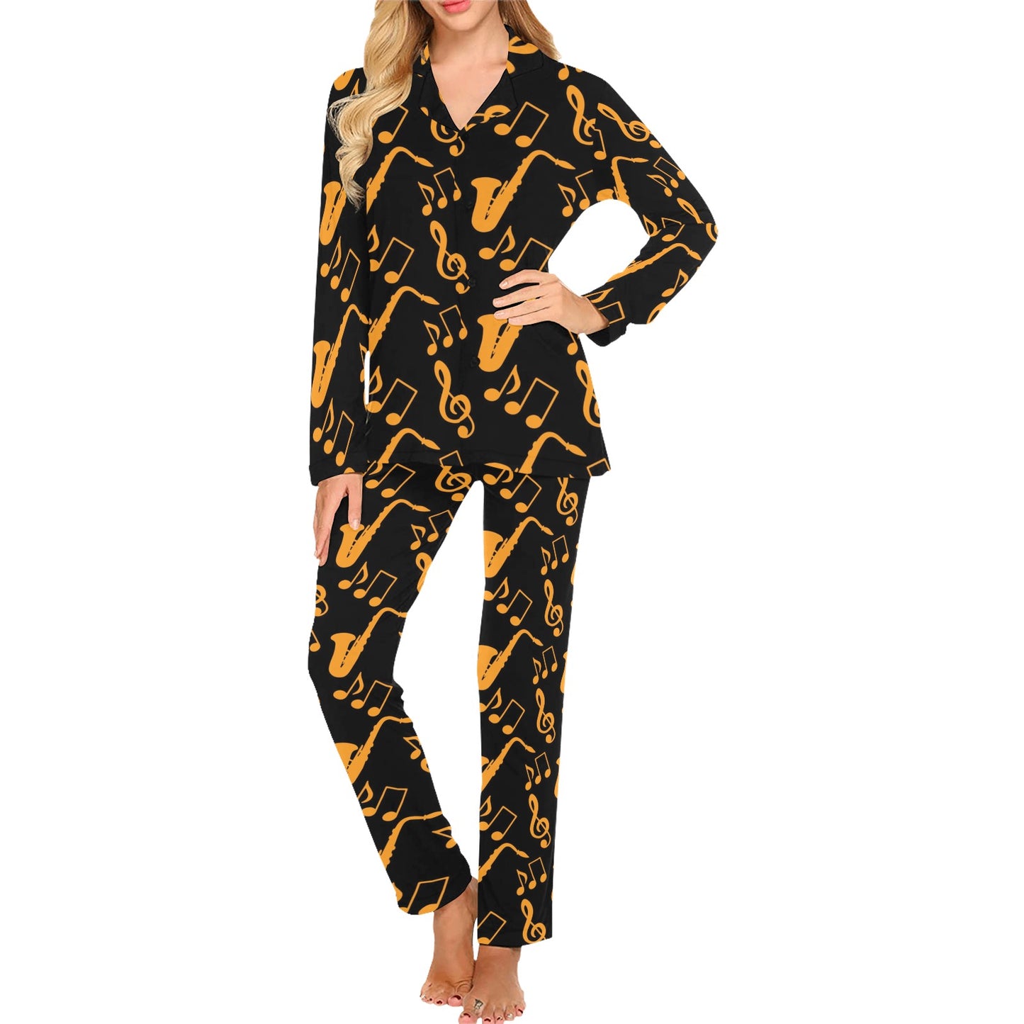 Saxophone Pattern Print Design 02 Women's Long Pajama Set