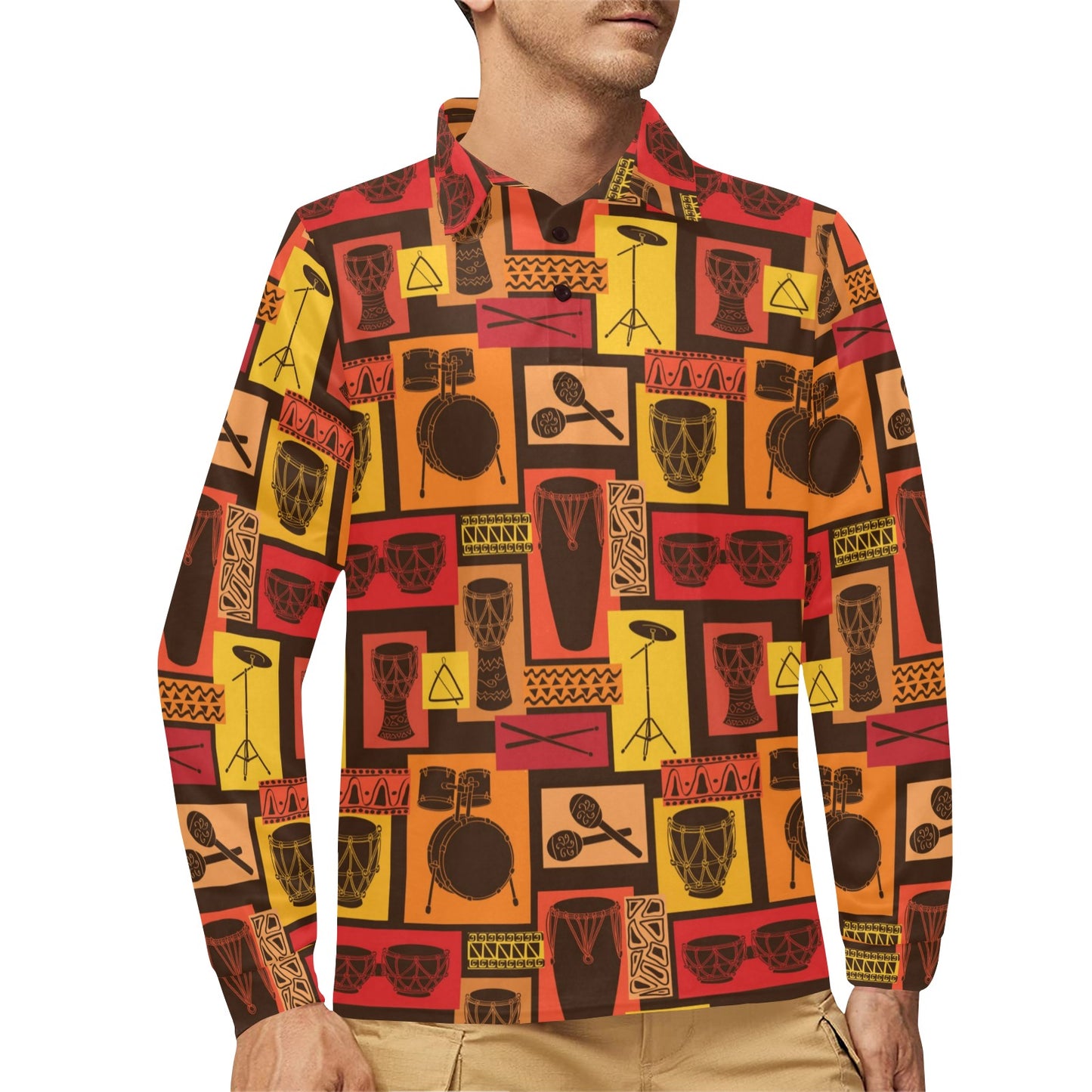Percussion Pattern Print Design 02 Long Sleeve Polo Shirt For Men's