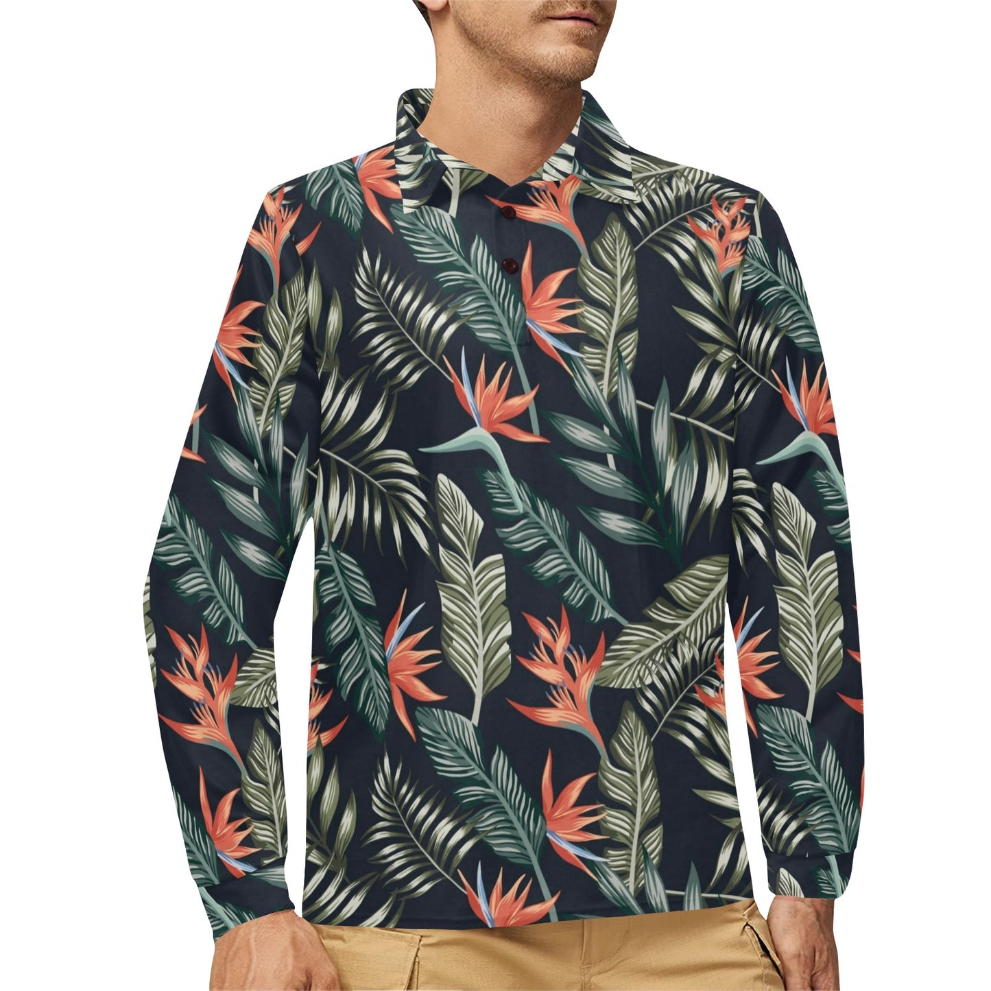 Bird Of Paradise Pattern Print Design BOP02 Long Sleeve Polo Shirt For Men's