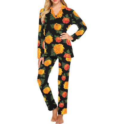 Marigold Pattern Print Design MR05 Women's Long Pajama Set