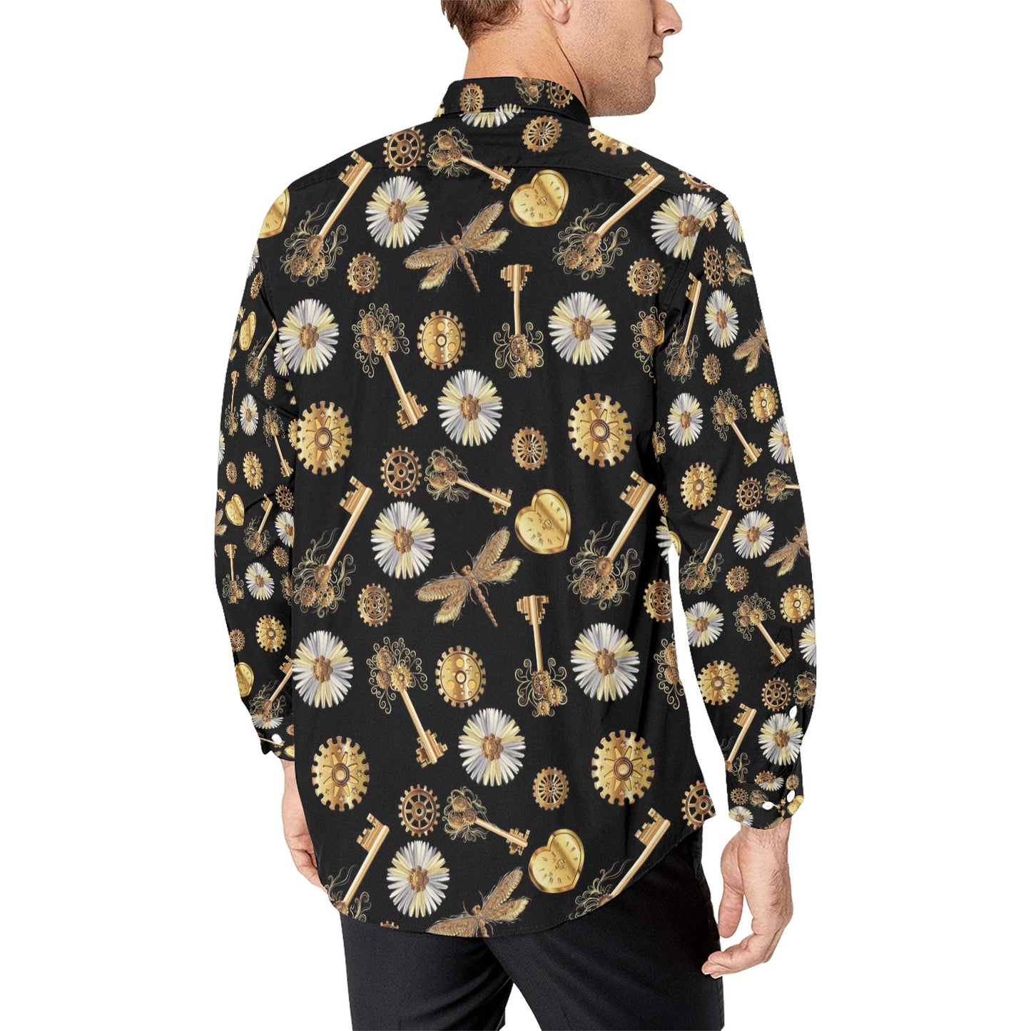 Steampunk Key Dragonfly Print Design LKS303 Men's Long Sleeve Dress Shirt