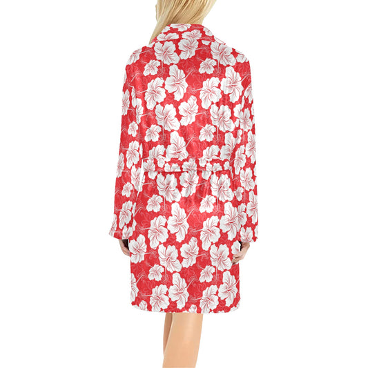 Flower Hawaiian Hibiscus Red Background Print Women's Fleece Robe