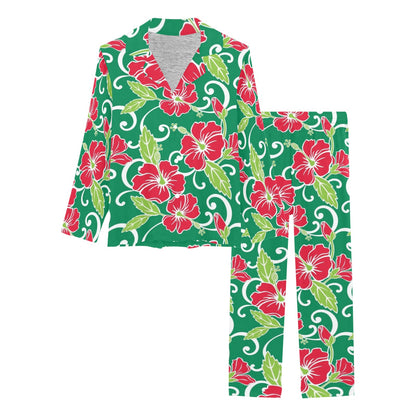 Red Hibiscus Pattern Print Design HB019 Women's Long Pajama Set