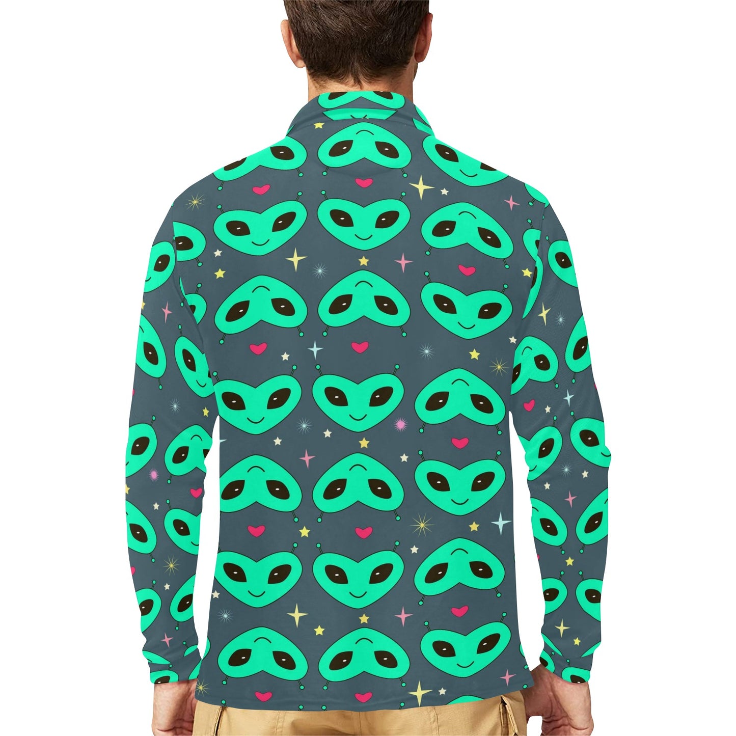Alien Head Heart Pattern Print Design 03 Long Sleeve Polo Shirt For Men's