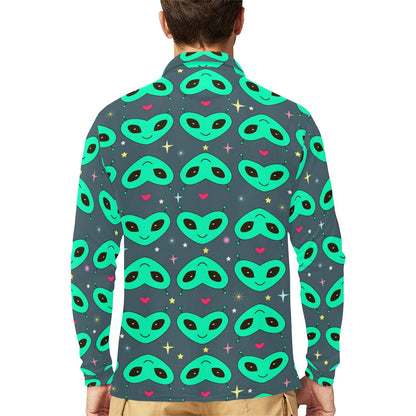Alien Head Heart Pattern Print Design 03 Long Sleeve Polo Shirt For Men's