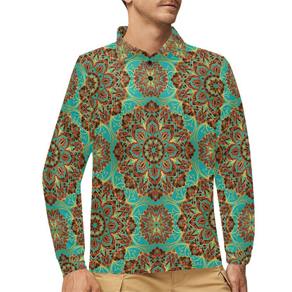 Medallion Pattern Print Design 02 Long Sleeve Polo Shirt For Men's