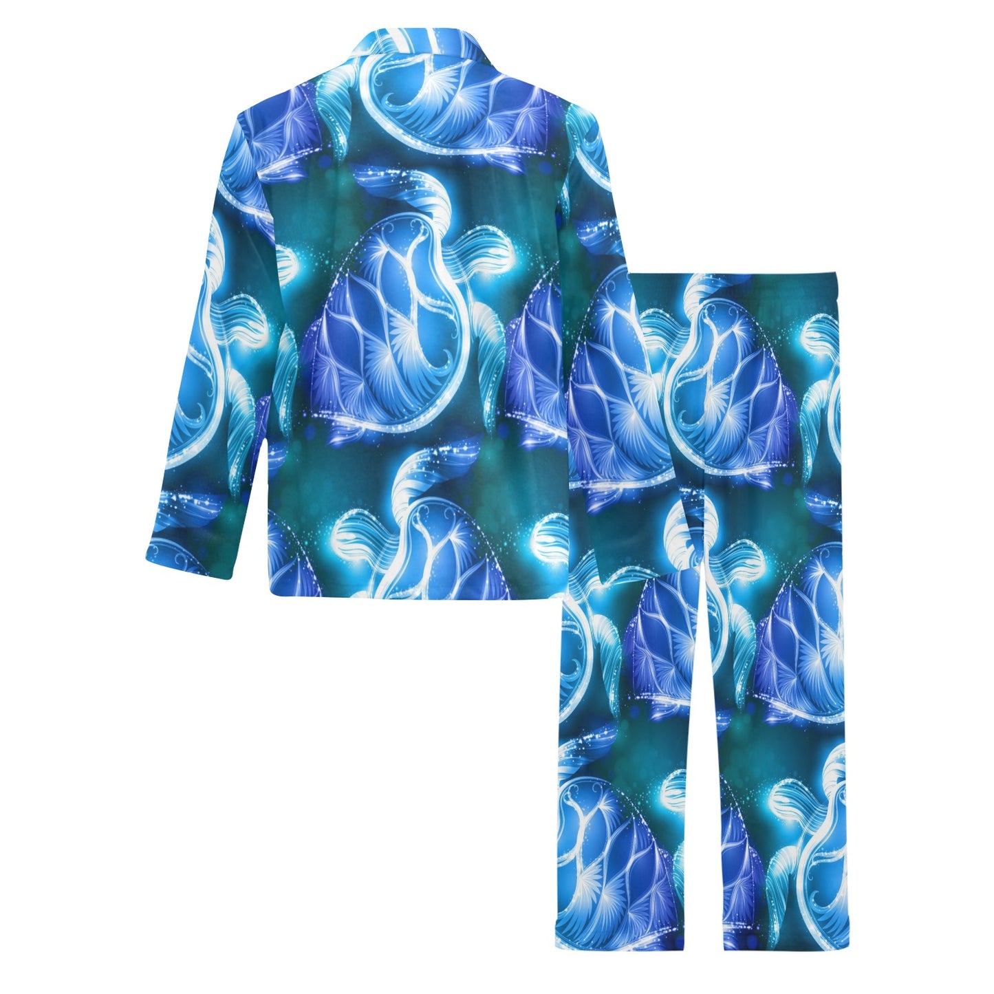 Blue Neon Sea Turtle Print Men's Long Pajama Set