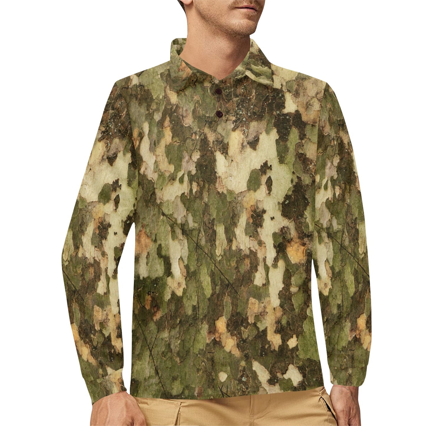 Camo Realistic Tree Texture Print Long Sleeve Polo Shirt For Men's