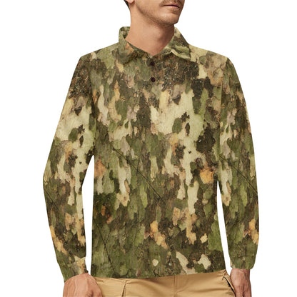 Camo Realistic Tree Texture Print Long Sleeve Polo Shirt For Men's